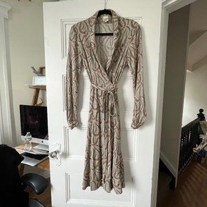 DVF Long sleeve v neck wrap dress in beige